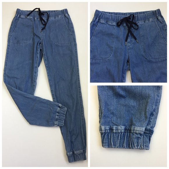 UNIQLO Medium/Light Wash Drawstring Waist Pull On Denim Jogger Jeans - Picture 1 of 6